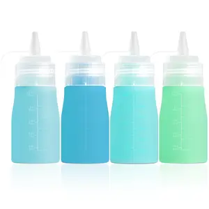 Mrsdry Condiment Squeeze Bottles, 12 oz Silicone Squeeze Bottles For Sauces, Leak Proof Condiment Container with Extra Interchangeable lid, Easy Squeeze for Oil, Honey & Dressings, BPA FREE (4 Pack)