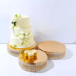 Set of 3 Metal Cake Stands 12", 14", 16" Round Design with Mirror Top Gold - Pearl Beaded Stackable Cupcake Holders