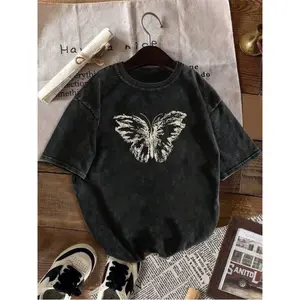 Men's minimalist style washed T-shirt, featuring a cartoon butterfly pattern, casual and loose-fitting, perfect for everyday summer wear, versatile, suitable for emo and vintage styles