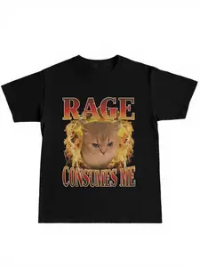 Funny Trendy Men's Rage Consumes Me Print T-Shirt, Streetwear Long Fitted H-Type Tee, Eye-Catching Cat Flame Design