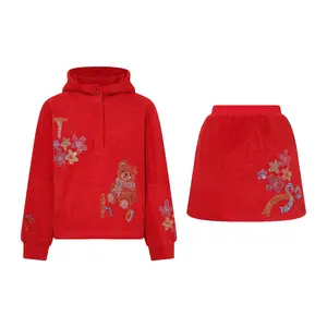 TCH - Hot Diamond Bear Fashion Autumn/Winter Warm Hoodie Women's Red Half Skirt Set