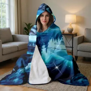 1pc Arctic Wolf Aurora Hooded Blanket, Flannel Wearable Blanket for Adults, Super Soft Cozy Poncho Cloak, Oversized Digital Print for Lounging, Gaming, Watching TV, Reading, Winter Cold Weather,