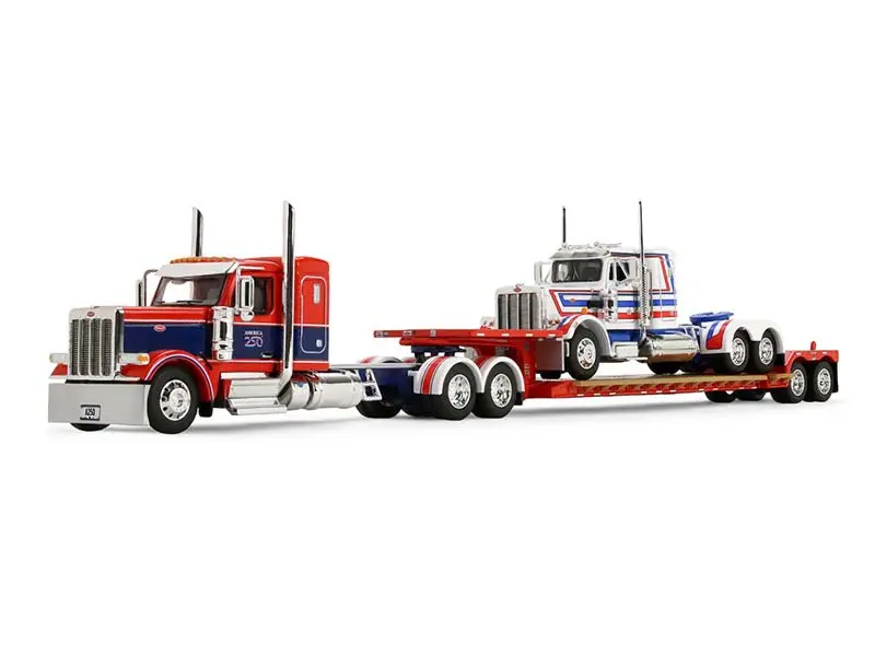 America250 Peterbilt Model 589 w/ 44" Flat Top Sleeper & Fontaine Renegade LXT40 Lowboy Trailer w/ Peterbilt Model 359 Load Diecast 1:64 Scale Model - DCP 69-2348