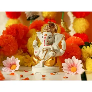Indian Lord Ganesha Idol Statue - 5”H Gold Toned Hindu God Ganpati Mandir Diwali Pooja Item Home Temple Puja Decor Ganesh Murti Altar Shrine Spiritual Ornament Gifts for Indian