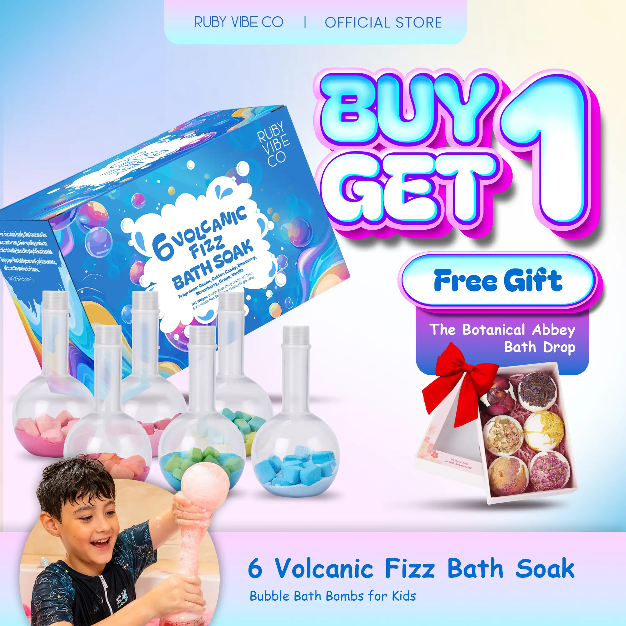 RUBY VIBE CO Volcano Bath Fizz Set, 6 PCS Colorful Multi-Layered Foaming Bath Soaks Flasks for Relaxation, Playful Bath Bombs for Kids with Ocean, Cotton Candy, Blueberry, Grape, Vanilla Fragrance