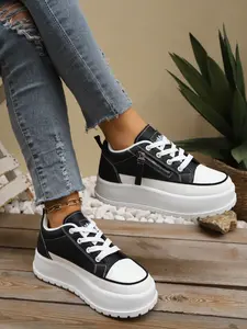 Women's New Zipper Decorated Colorblock Platform Shoes, Casual PU Leather Sneakers, Sports Shoes, All Seasons, Less Than Ankle Height, Footwear