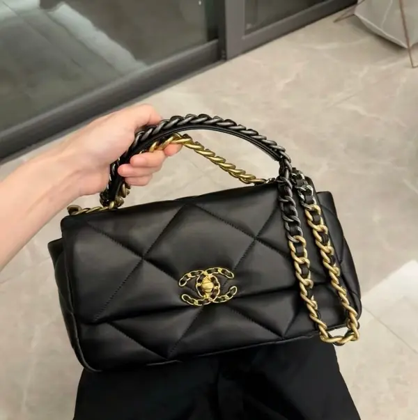 ‮ LENAHC  ‬19 Women Shoulder Bag, Black Quilted Lambskin Leather Braided Top‑Handle Two‑Tone Gold‑Black Hardware Chain Crossbody Handbag