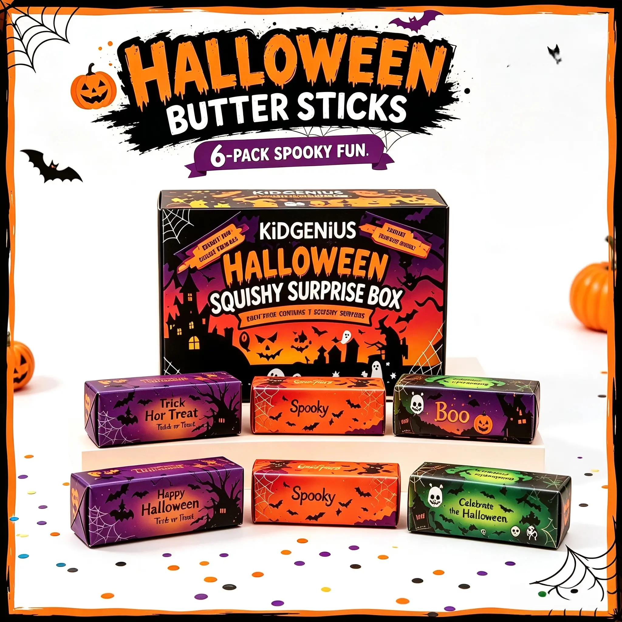 KIDGENIUS 6-Pack Halloween Squishy Butter Sticks, Unisex Slow-Rising Stress Relief Fidget Toys, Trick or Treat Party Favors Gifts for Kids
