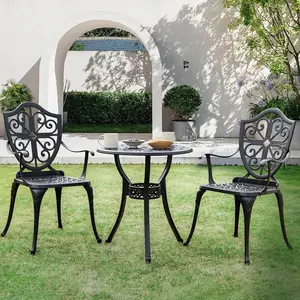 Cast Aluminum Outdoor Dining Set, 3-Piece Patio Furniture with Round Table and Chairs, Built-in Umbrella Hole, Weather Resistant Furniture for Garden Backyard Balcony Porch, Black