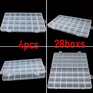 Compact 28-Divider Transparent Organizer Set (4pcs) - Stackable Bead Storage Box with Secure Lids for Jewelry, Craft Supplies & Small Items