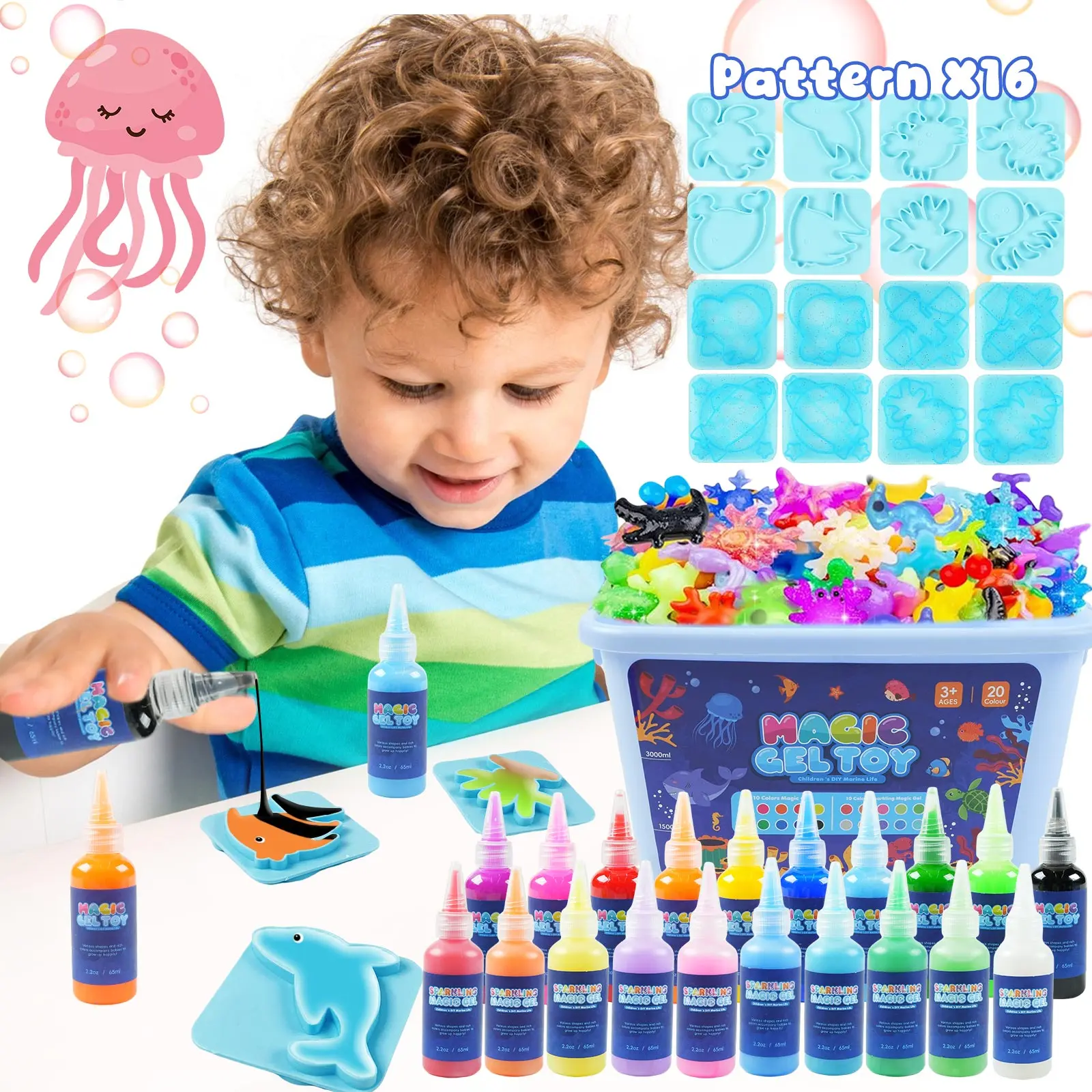 Magic Gel Toy Kit for Kids - 3D Sea Creature Water Elf DIY Craft Set - 20 Colors (10 Normal & 10 Glitter) with 16 Molds & Display Dome - STEM Educational Arts and Crafts Toys for Boys Girls Ages 3+ Gift