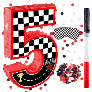 16 Inch Number 5 Race Car Pinata with Piñata Stick Blindfold Confetti for Boy Girl Kids 5th Birthday Party Decorations