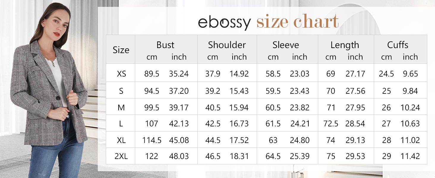Ebossy Women's Houndstooth Plaid Blazer Jacket Notch Lapel Boyfriend Suit Casual Long Sleeve Fitted Outerwear with Flap Pockets Machine Washable Ebossy Women's Houndstooth Plaid Blazer Jacket Notch Lapel Boyfriend Suit Casual Long Sleeve Fitted Outerwear with Flap Pockets Machine Washable