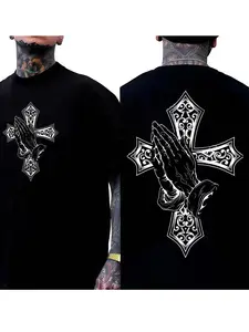 Vintage Gothic Cross Praying Hands Graphic Print T-Shirt, Streetwear, Menswear, Casual Daily Wear, Cool Tattoo Style Unisex Top
