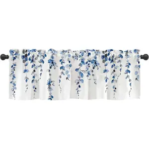 Watercolor Blue Leaves Window Valance for Bedroom Living Room, Grey Leaf Vine Plant Curtains Valanes for Windows, 3" Rod Pocket Window Treatment for Season Home Decorations, 54 x 18 Inch, 1 Panel
