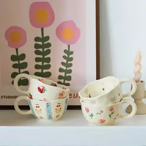 Cute Floral Ceramic Mug for Kids, Style Milk Cup, Creative Breakfast Cup, Water Bottle, Adorable Design, Ceramic Drinkware