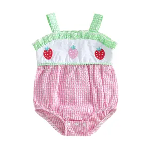 Canrulo Newborn Baby Girl Summer Romper Cute Strawberry Embroidered Square Neck Sleeveless Jumpsuit Plaid Smocked Bubble 0-18M