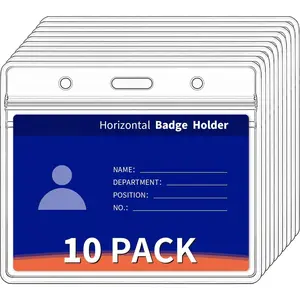 10 Pack Horizontal ID Badge Holder, Clear Plastic Lanyard Card Holders, Work Name Tag Sleeve Badges Protector Cover with  Resealable Zipper Type for , Women, Fits Credit Size Cards...