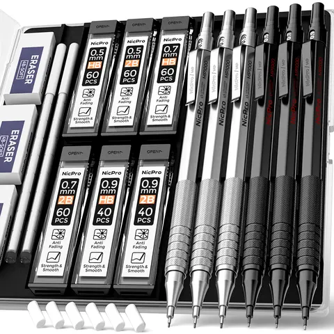Nicpro 6-Pack MP1000 Series Full-Metal Threaded Round Mechanical Pencils Set (0.5-0.7-0.9 mm) - Anti-Slip Grip, Clip, Case, 12 Tubes HB & 2B Lead Refills, Erasers - Unisex Writing Stationery for Drafting, Art Pencils for Sketching, Drawing Supplies