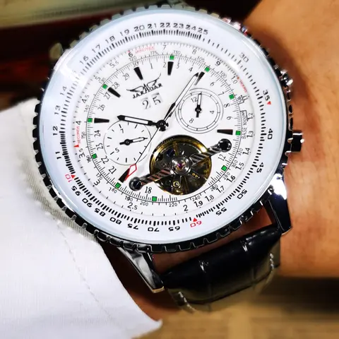 Men's Fashion Tourbillon Skeleton Automatic Mechanical Watch, Luminous Hands Multifunctional Small Dials Calendar Window PU Leather Strap Business Casual Classic Analog Watch, with Box, Automatic Watches