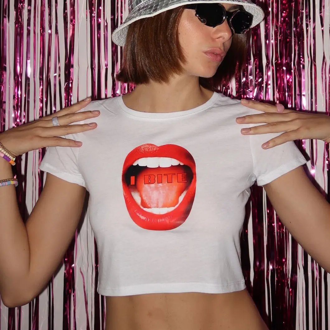Tacky Tee Company Y2K Fitted “I Bite” Baby Tee Womenswear Cropped Top