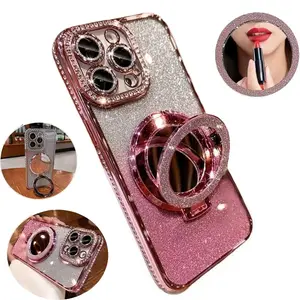 Glitter Rhinestone Phone Case with Ring Mirror Holder, Fashion Phone Protective Cover, Phone Accessories for iPhone 17Pro Max Air 16 15 14 Plus 13 12 Pro Max