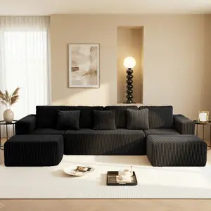 Niccae [3 Pack] Modular U-Shaped Sectional Couch - 132-in 4-Seater with Reversible Chaise Lounge, Black Striped Corduroy Fabric, Modern Modularly Adjustable Freely Configurable Layout for Living Room, Bedroom, Couch For Living Room