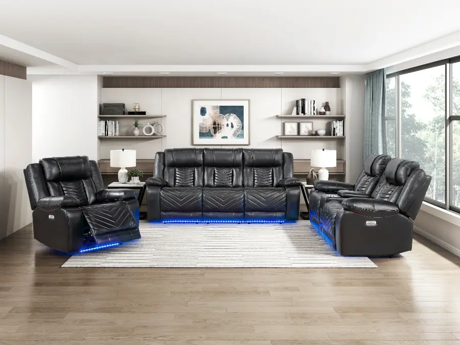 Huron 8457BLK-2PW 2-Piece Premium PU Leather Power Reclining Living Room Set (Power Reclining Sofa & 78"x37"x40" Love Seat) with LED Lighting, USB Ports, Drop-Down Tray Table, Wireless Charger, Cup Holders