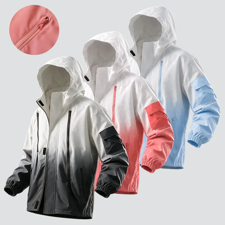 Gradient-color functional hooded jacket, lightweight water-repellent polyester fiber jacket that blocks wind, elastic cuffs and multi-pocket design for everyday outings and casual wear, versatile outdoor shell jacket