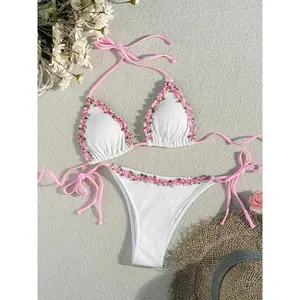 Women's Floral Embroidery Bikini Set, Swimsuit Style Bikini, Boho Fashion Tie Back Halter Triangle Swim Bra & Tie Side Swim Bottom, Ladies Summer Swimwear for Beach Holiday Vacation