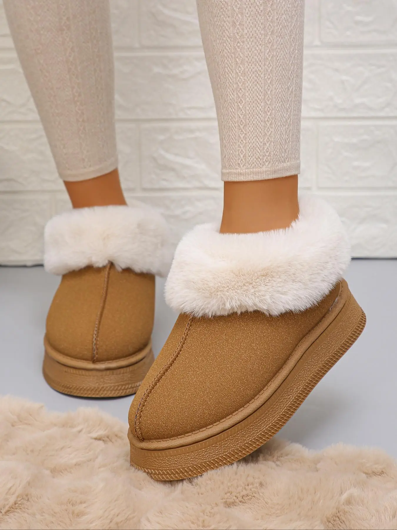 Minimalist Solid Round Toe Thick Soles Boots, Boots for Fall 2024, Casual Comfortable Fuzzy Lined Slip on Platform Boots for Fall & Winter, Fall Boots