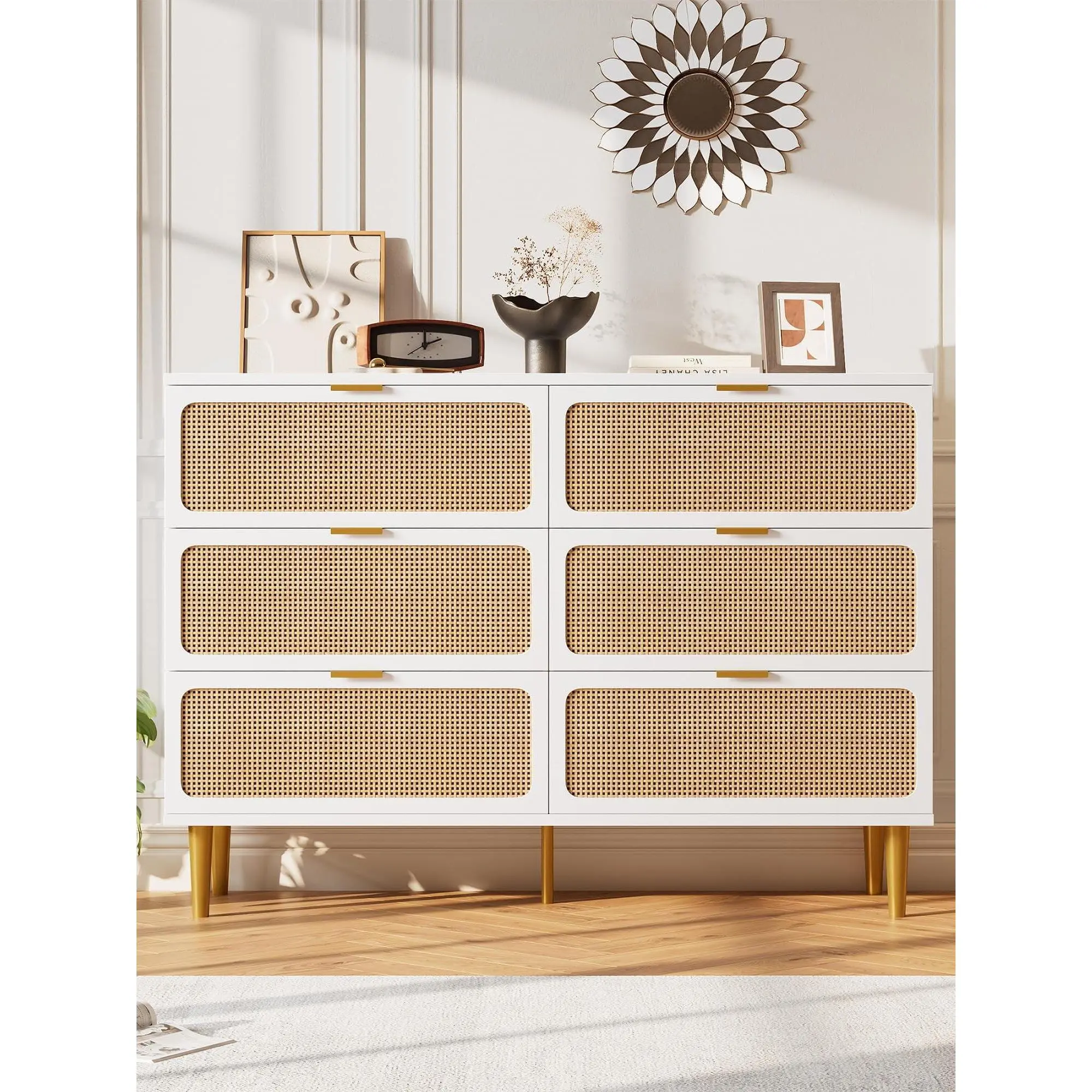 6 Drawer Dresser for Bedroom  Large Modern Double Dresser for Closet with Wide Top  Rattan Chest of Drawers with Deep Drawers  Horizontal Wooden Dresser for Hallway  Living Room  Black