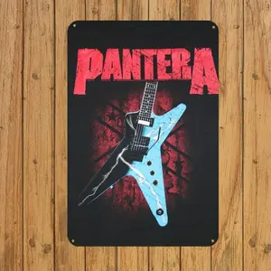 Pantera Electric Guitar Metal Poster, Multipurpose Wall Hanging Decorative Sign & Plaque for Home, Bar, Room Decoration - High-Quality Tinplate Memorabilia with Pre-Drilled Screw Holes Art Interior