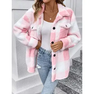 Women's Flannel Jacket Button-Down Sherpa Wool Coat, Plus Size Plaid Short Outerwear, Soft Puffy Sweater Jacket for Summer