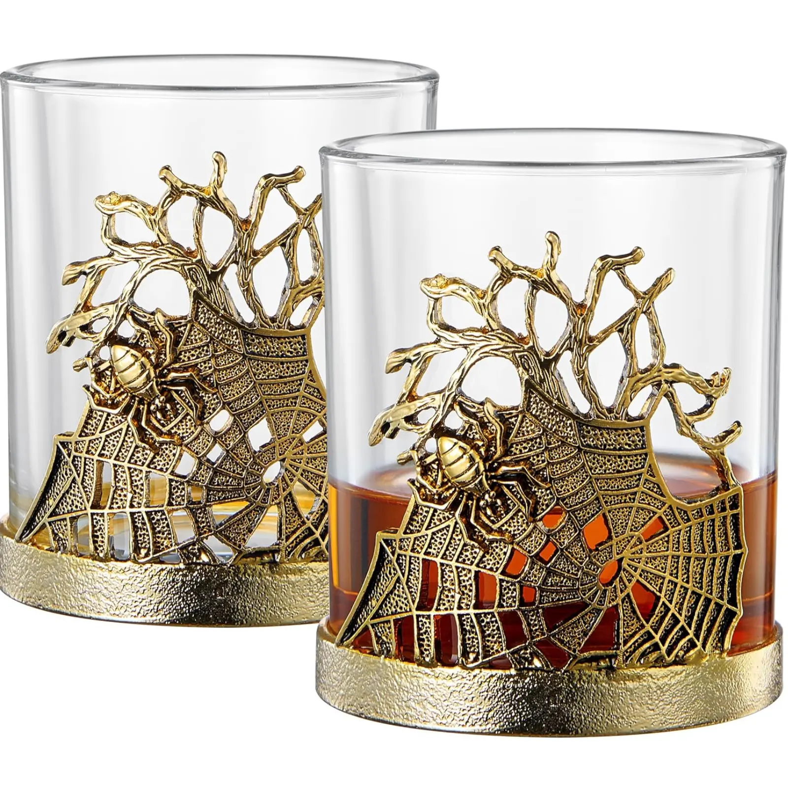 Golden Spider Whiskey Glasses Set of 2 Gothic Lowball Tumblers, 12oz with Alloy Steel Base and Borosilicate Glass Spooky Barware Gift for Men Bourbon Scotch Party Decorative Collectible