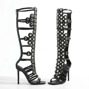 Women Fashion Leather Boot Sandals, Girl Knee High Cutout Stiletto Heel Footwear, Open Toe Gladiator Boot, Party Club Walking Shoes, Platform Style Trendy Dress Shoes