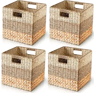 CHI AN HOME Natural Wicker Storage Cubes, 12x12 Storage Cube Bins, Set of 4 Heavy Duty Hyacinth Baskets for Shelf, Foldable Square Baskets for IKEA Kallax, Large Cubby Rattan Basket, Kallax Inserts