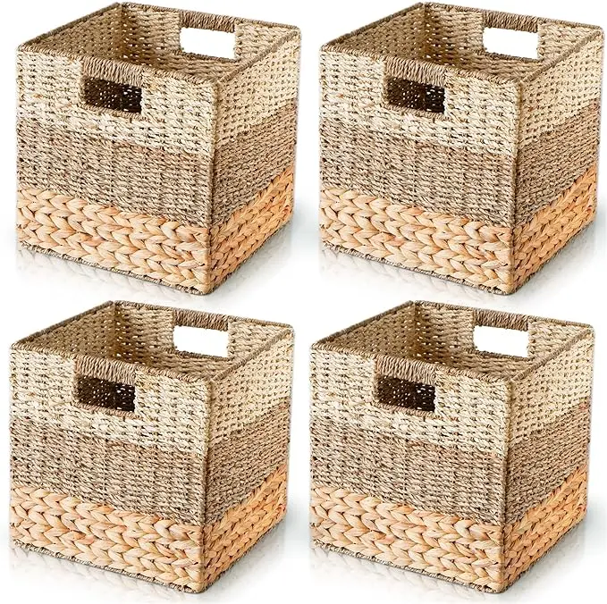 CHI AN HOME Natural Wicker Storage Cubes, 12x12 Storage Cube Bins, Set of 4 Heavy Duty Hyacinth Baskets for Shelf, Foldable Square Baskets for IKEA Kallax, Large Cubby Rattan Basket, Kallax Inserts