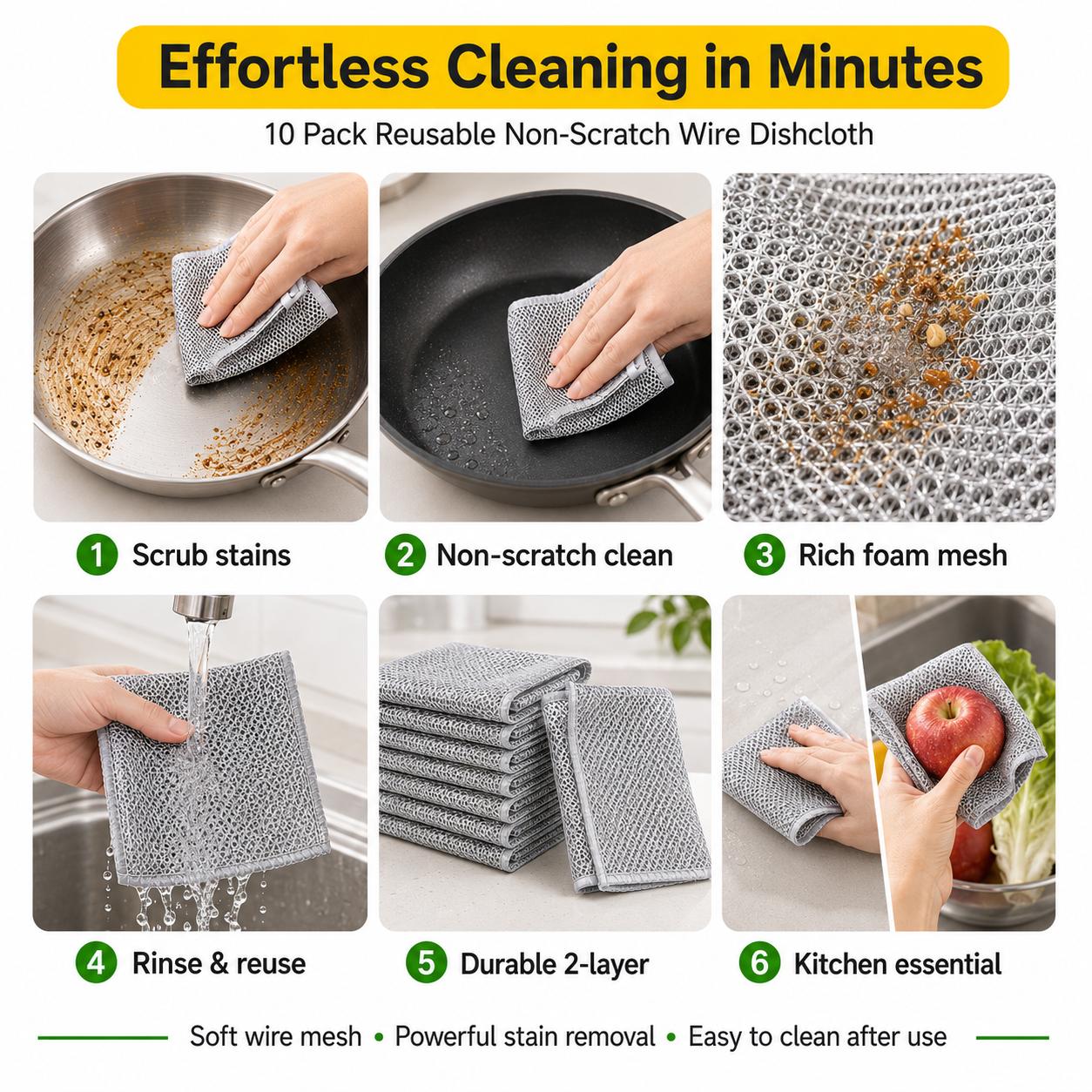 Non-Scratch 2-Layer Wire Dishcloths, 10-Count Multifunctional Metal Cleaning Rags for Kitchens, Wet/Dry Use for Kitchen Cleaning Tasks