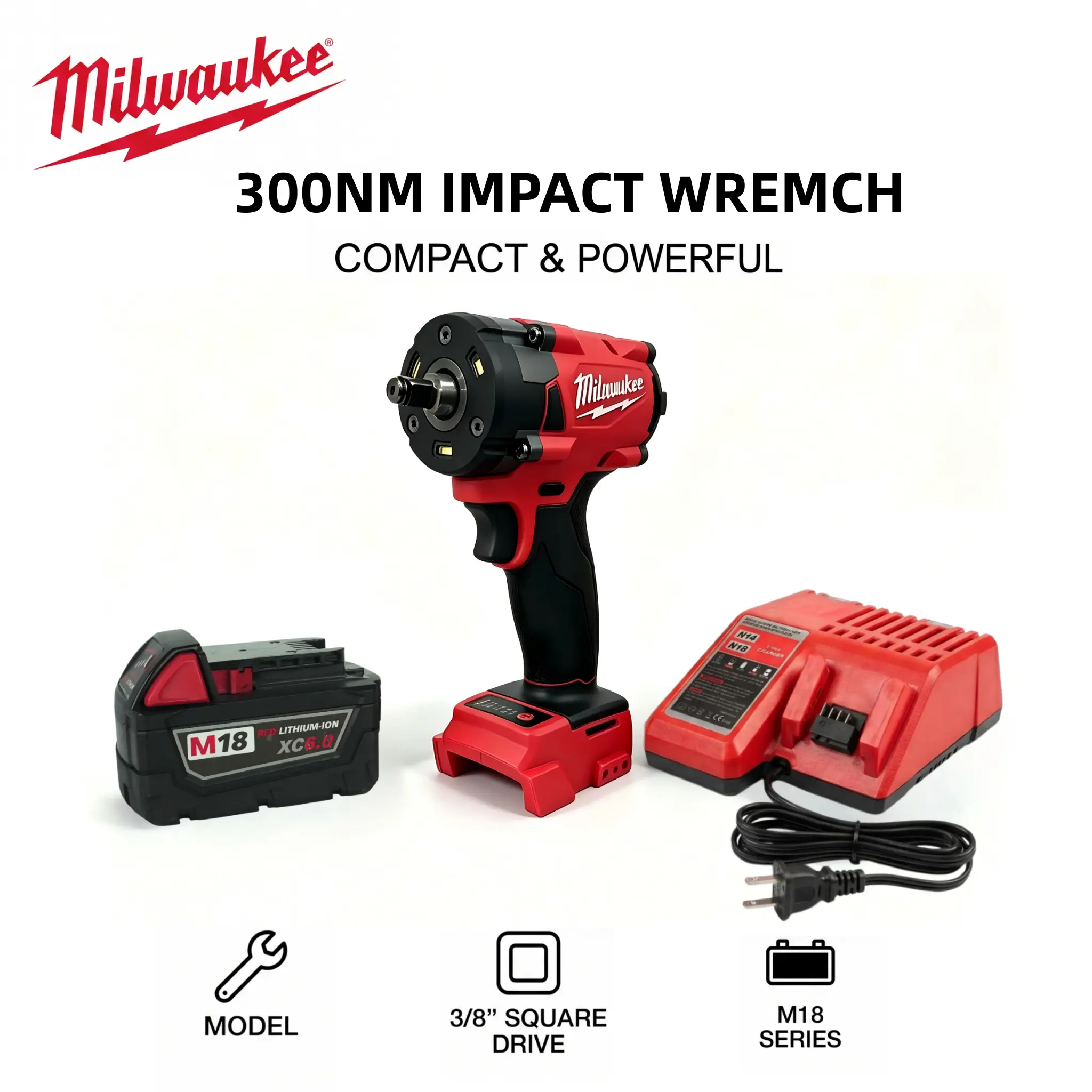 Milwaukee M18 FIW212 18V Cordless Impact Wrench - 3/8-in Square Drive, 4-Speed Adjustment, 300Nm Breakaway Torque, Portable Heavy-Duty Workshop Tool for Vehicle Maintenance & Machinery Repair driver friction screwdriver