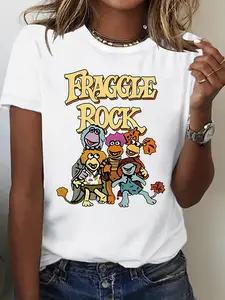 Women's Cartoon Sesame Street Print Round Neck Tee, Fashion Casual Crew Neck T-shirt for Daily Holiday Vacation Outdoor Wear, Ladies Clothes for Summer, Top