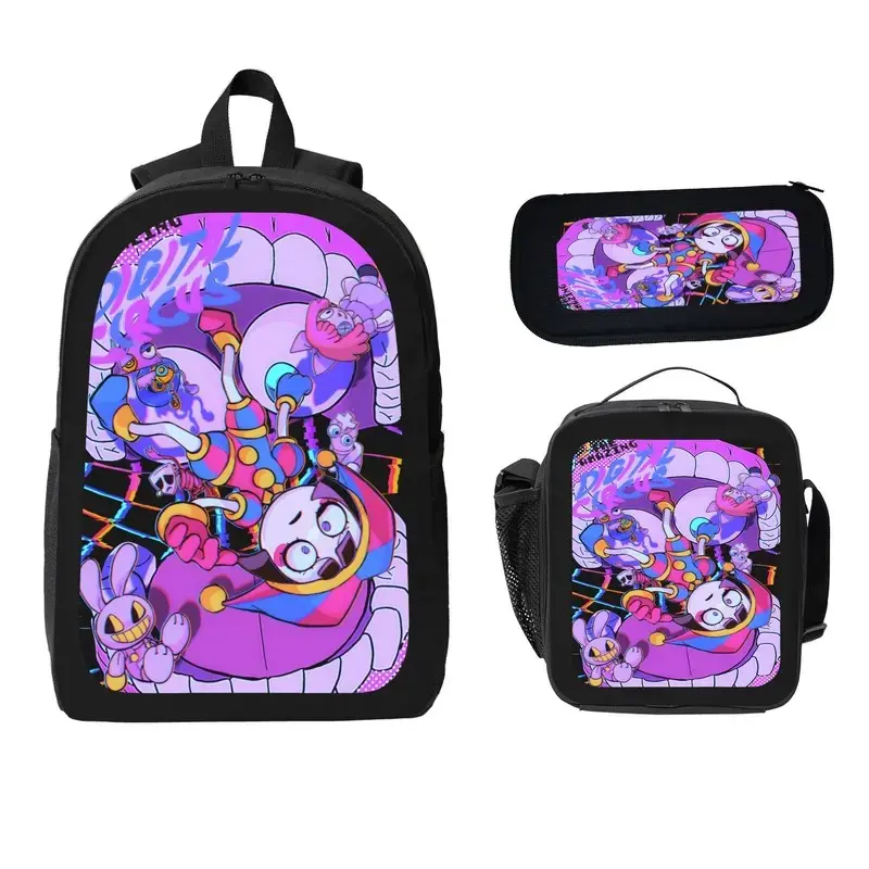 The Amazing Digital Circus Backpack 3-Piece Set is a durable travel backpack that includes an insulated lunch bag, pencil case, and casual bag, perfect for outings and school.