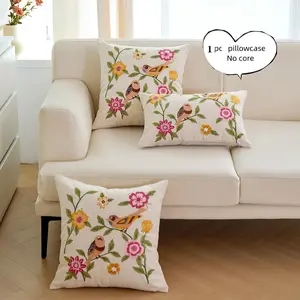Bird & Flower Embroidered Cushion Cover, 1 Count Square Throw Pillow Cover without Filler, Household Decoration Supplies for Home Living Room Bedroom, Bedroom Decorative Accessories
