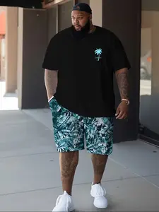 Men's Large Size Hawaiian Coconut Tree Print T-Shirt Short Pants Set, Comfortable Daily Wear, Geometric Pattern, Casual Style