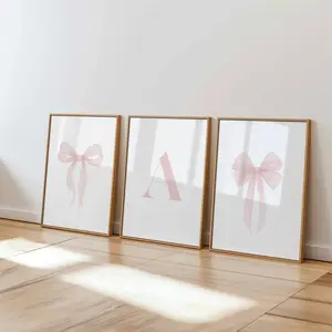 Set of 3 Custom Initial Wall Art, Pink and Blue Bows Print, College Apartment Decor Girly Room Aesthetic, Personalized Letter Coquette Poster