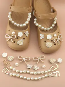 Bling Pearl Shoe Charms Set With Bowknot, Rose, Heart & Chain, Detachable Rhinestone Accessories For Clogs, Perfect Gift For Women, Girls And Fashion Lovers