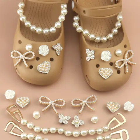 Bling Artificial Pearl Shoe Charm Set with Bow, Rose, Heart and Chain Designs, Detachable Rhinestone Decor Accessories for Clogs, Perfect Gift for Women, Girls and Fashion Lovers