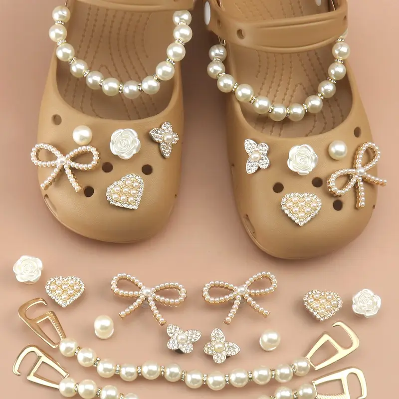 Bling Artificial Pearl Shoe Charm Set with Bow, Rose, Heart and Chain Designs, Detachable Rhinestone Decor Accessories for Clogs, Perfect Gift for Women, Girls and Fashion Lovers
