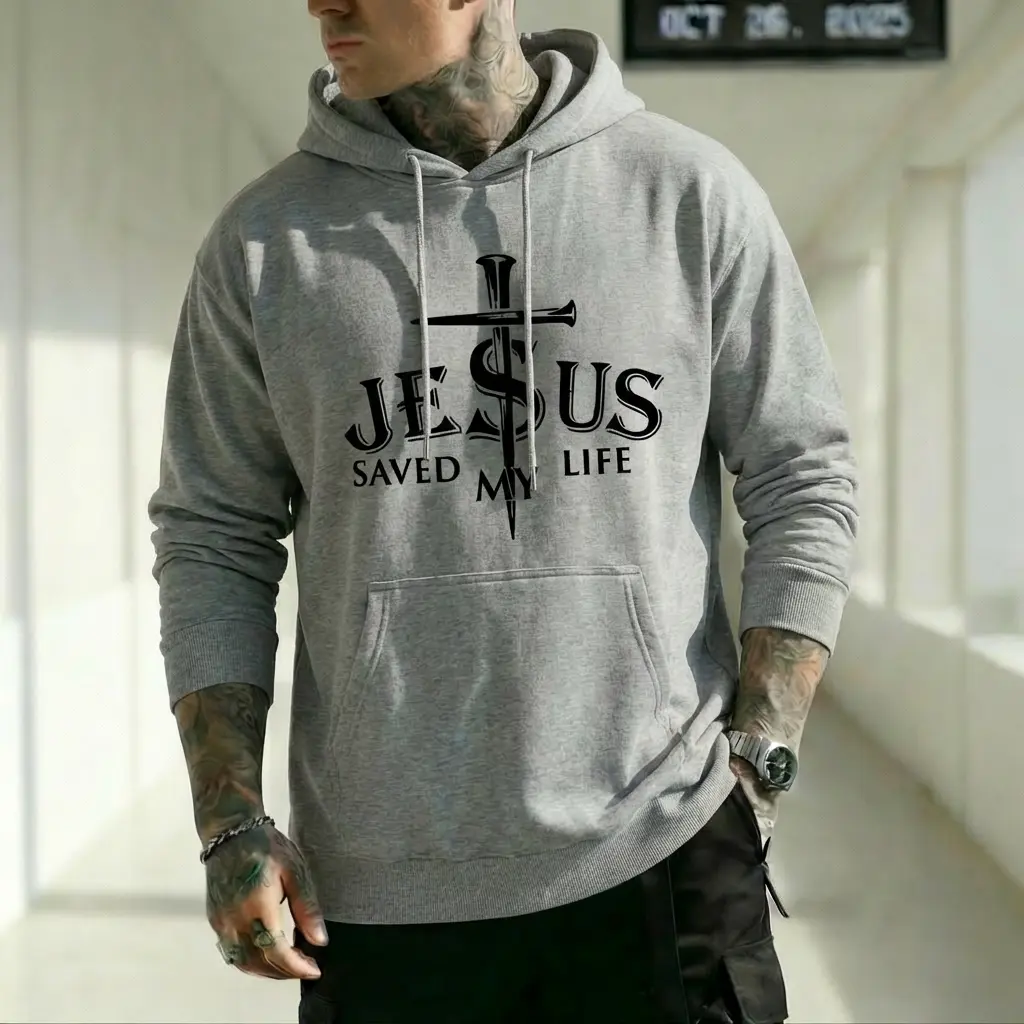 [100% Cotton Fabric] Menswear Fashion Long-Sleeve Breathable Relaxed-Fit Casual Hoodie, Round Neck with Cross Print, Machine Washable for Casual Attire