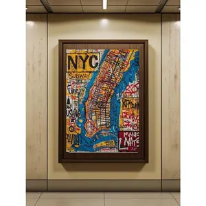 [Unframe] Basquiat Style NYC Subway Map Print, Abstract Colorful Graffiti Wall Art, Urban Street Art Poster, New York City Decor,Scenery Print, Home Decor, No Frame